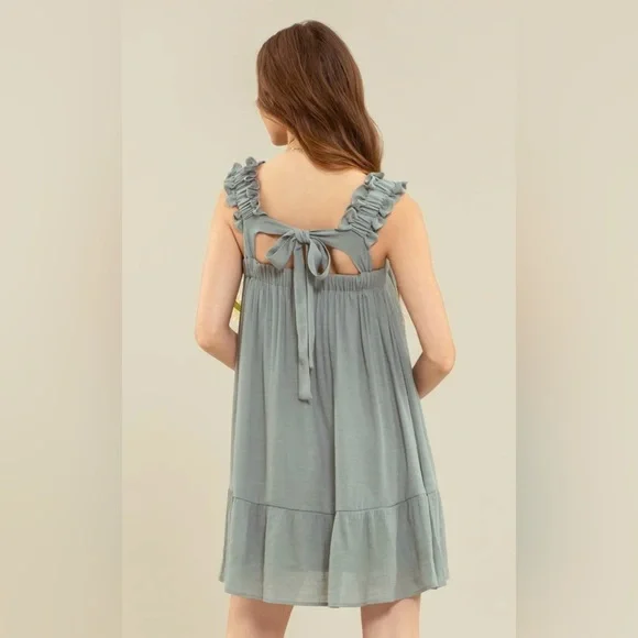 Blue-green Tiered Mini Sundress with Square Neck/ Ruffle Cinched Shoulder Straps - Picture 3 of 13
